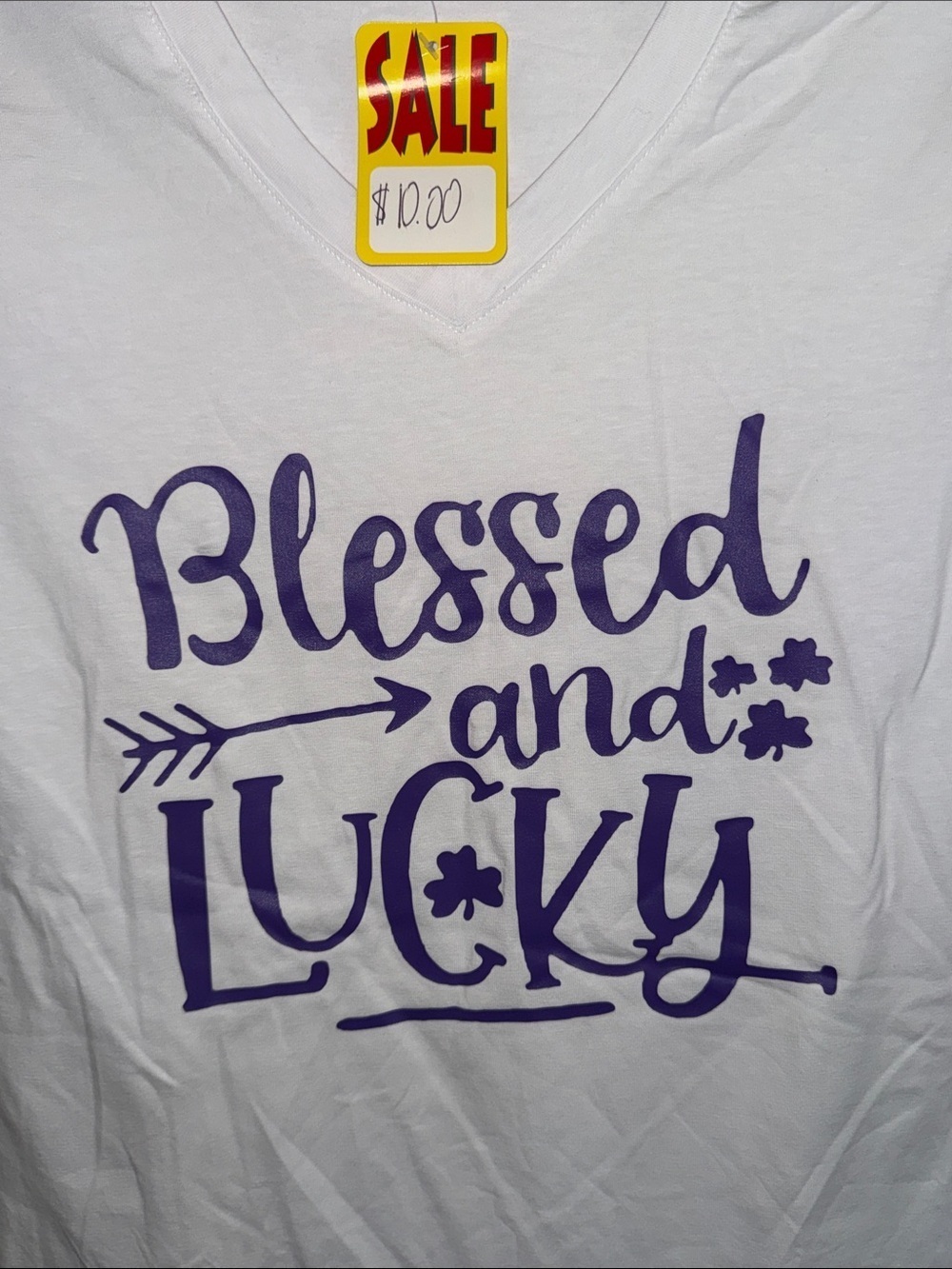 Reserved White Short Sleeve V-Neck Tee with Purple 'Blessed and Lucky' Print - Picture 3 of 4